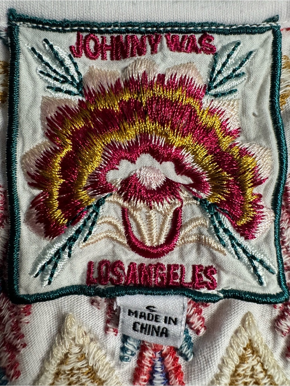 JOHNNY WAS Embroidered V-Neck White Women’s Top with Multicolor Aztec Stitching - Picture 5 of 11
